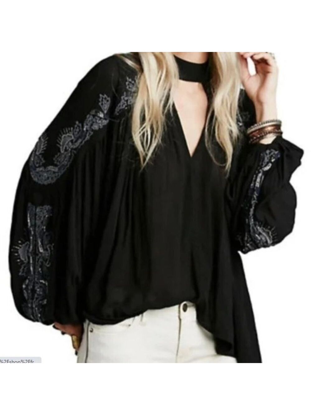FREE PEOPLE Sweet Fantasy Beaded And Embroidered Boho Blouse Black Women's Large